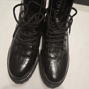 Black Croc-Embossed Lace-Up Combat Boots Made In Italy